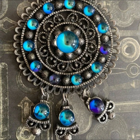 Estate Blue Purple Glass Beaded Medallion Necklace Jewelry Moroccan Boho Hippie - Picture 8 of 10